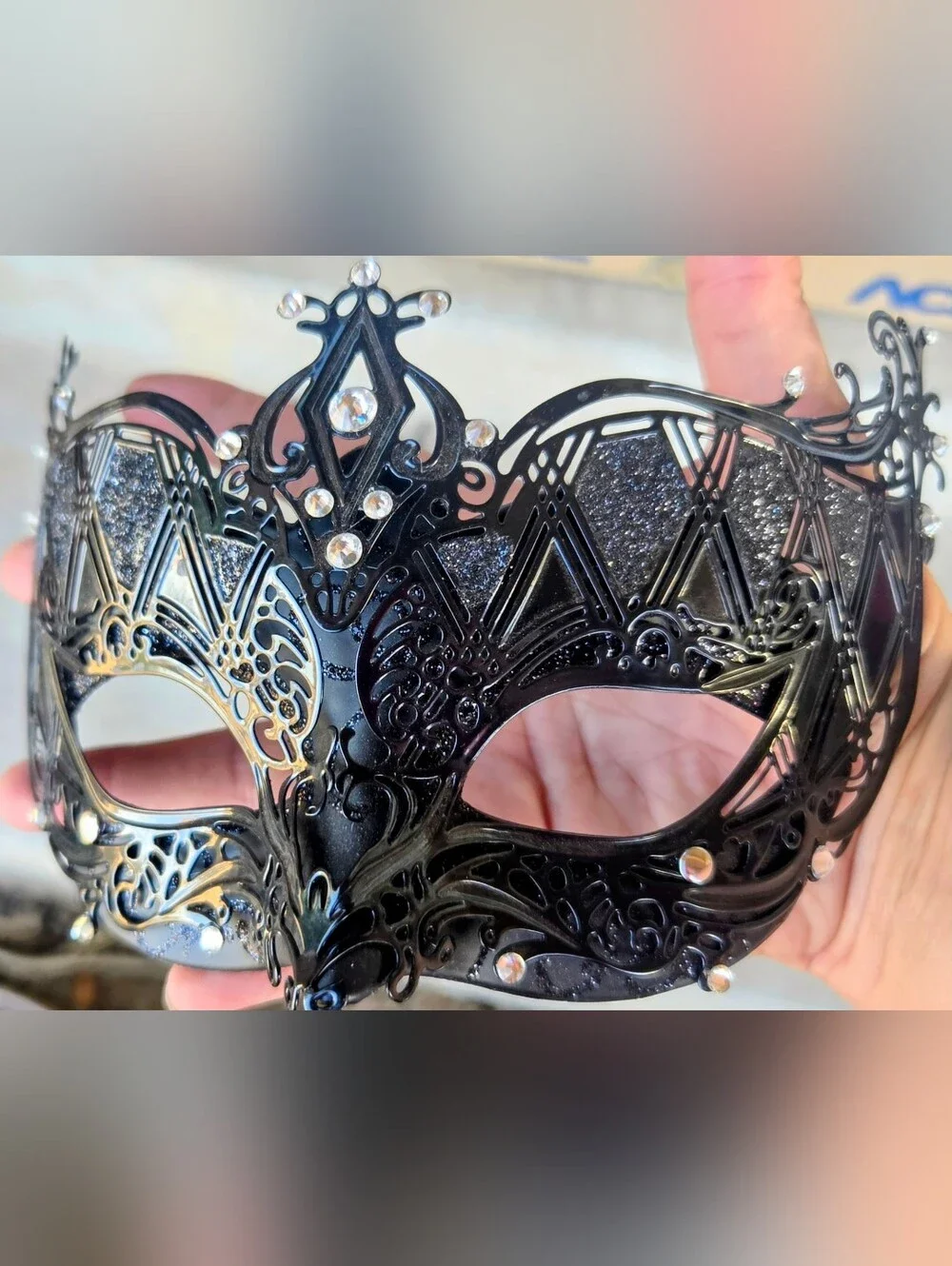 SOLID Black Decorative Masquerade Mask with Rhinestones - Metal. NEW.